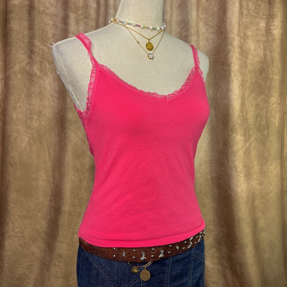 Vintage Y2K Cami Tank Top Pink Ruffled Sleeveless Fitted Indie Sleaze McBling